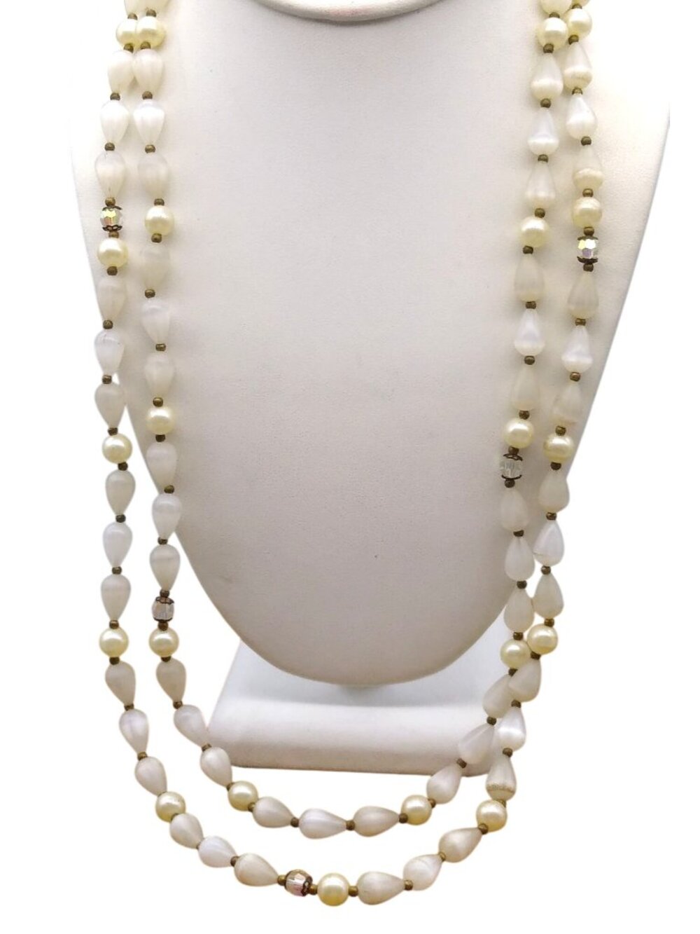 Long Vintage White Beaded Necklace, Elegant Moonglow Lucite Teardrop Beads